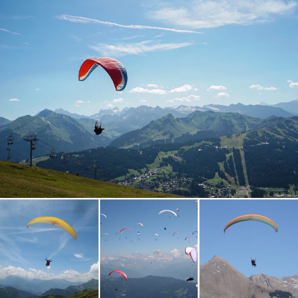 Paragliding over the stunning landscapes of Les Gets, showcasing panoramic views of the French Alps.