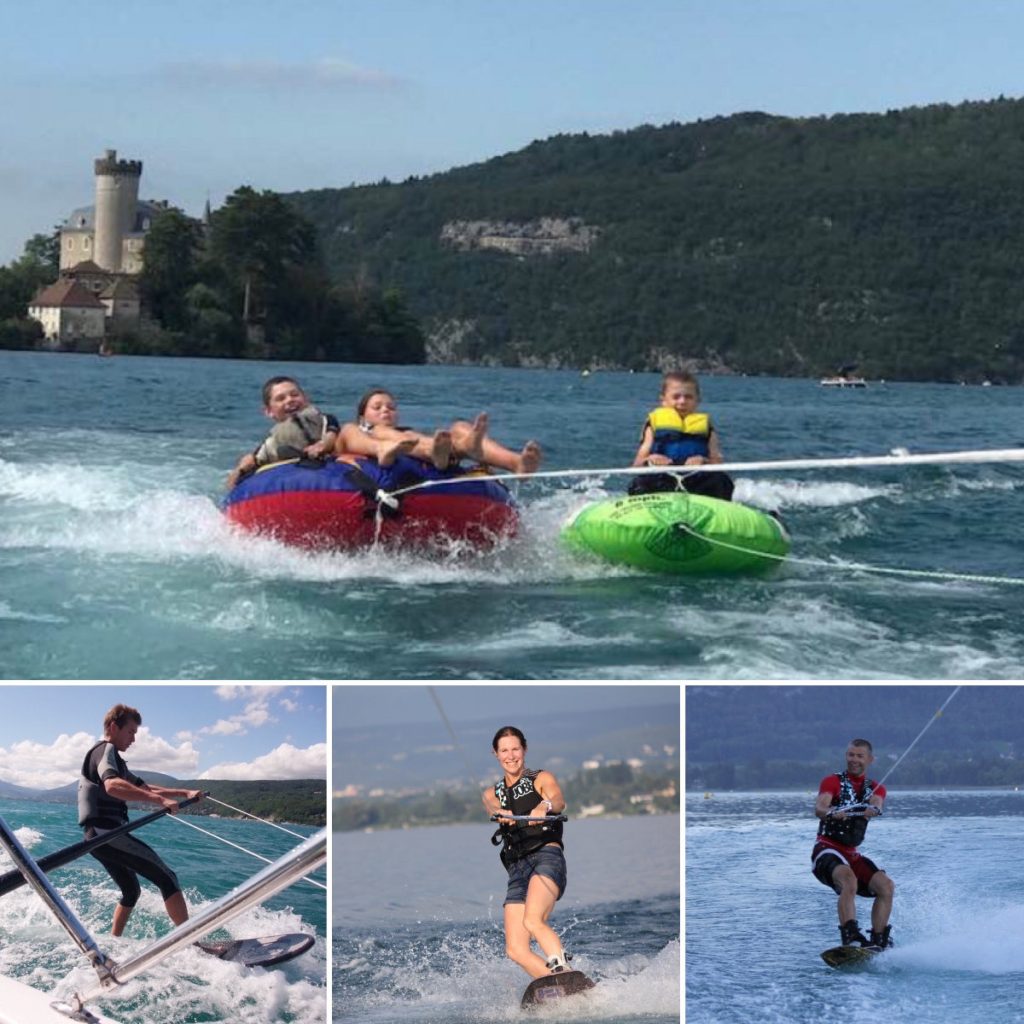 Wakeboarder enjoying the water on Lake Léman with scenic alpine views, also popular at Lake Annecy in France