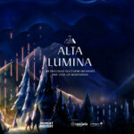 Colorful Alta Lumina light show illuminating the forest in Les Gets, showcasing vibrant lights and enchanting designs.