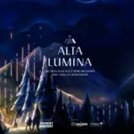 Colorful Alta Lumina light show illuminating the forest in Les Gets, showcasing vibrant lights and enchanting designs.