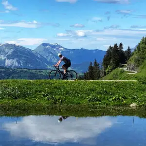 Scenic road cycling route on the Col de Joux Plane in the French Alps, near Morzine and Les Gets