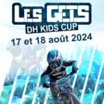 Young riders competing in the DH Kids Cup in Les Gets, showcasing mountain biking skills on challenging downhill trails.