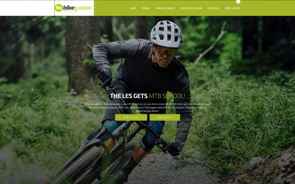 Cyclists receiving professional mountain biking training from expert instructors at Bike Academy in Les Gets, France.