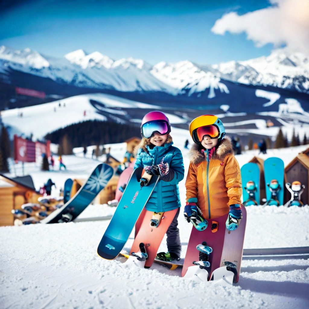 Kids snowboards for hire in Les Gets during the winter season, displayed at a rental shop with sizes suitable for children