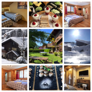 A collection of seasonal holiday experiences at Chalet Aventure in Les Gets, showcasing winter skiing, summer biking, and scenic mountain views.