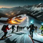 A group of skiers ascend a snowy mountain trail during a night race in the French Alps. The skiers are illuminated by headlamps and moonlight, with snow-covered alpine peaks visible in the background. Warm lights from a distant lodge suggest après-ski festivities.