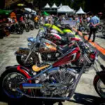 Harley Davidson motorbikes on display at the Morzine Harley Days show, showcasing a vibrant gathering of motorcycle enthusiasts.