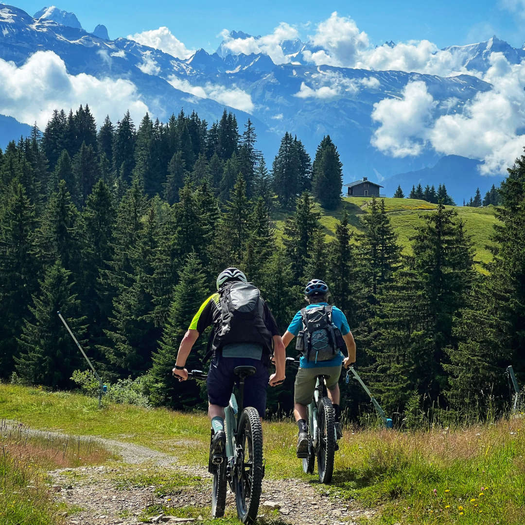Mountain bikers riding downhill in the scenic trails of Les Gets during summer