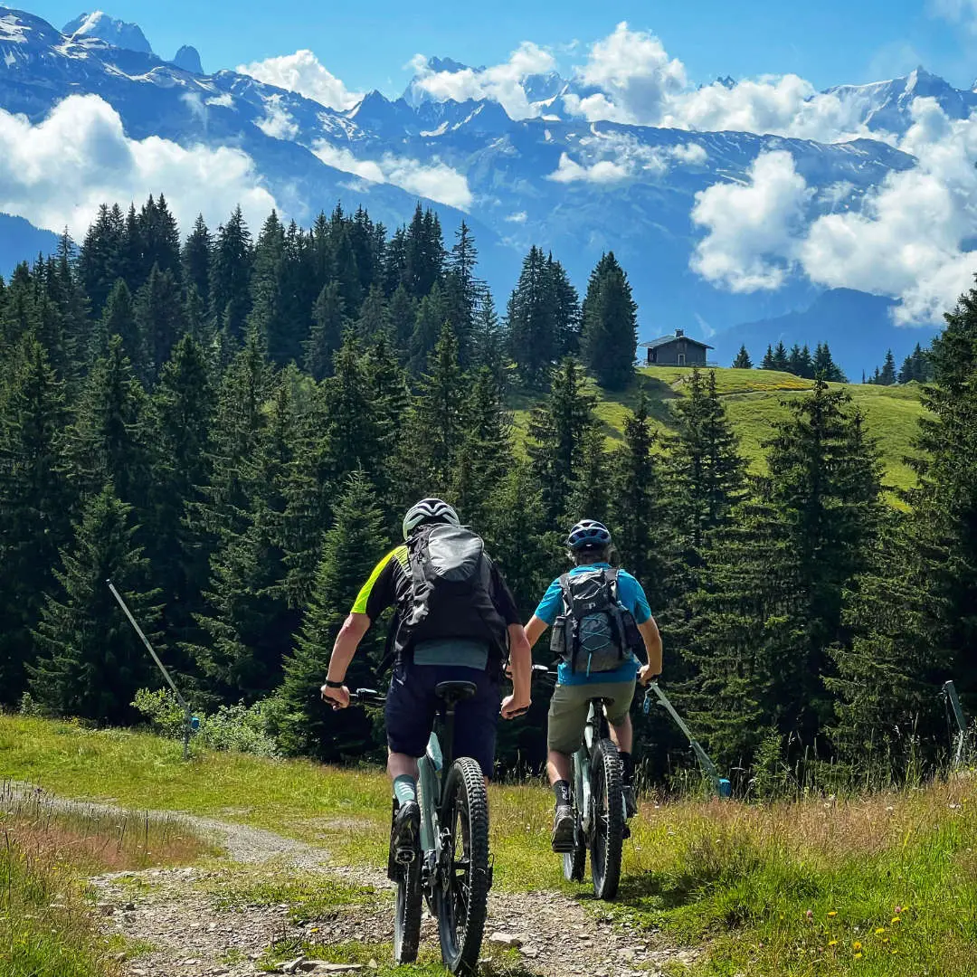 Mountain bikers riding downhill in the scenic trails of Les Gets during summer