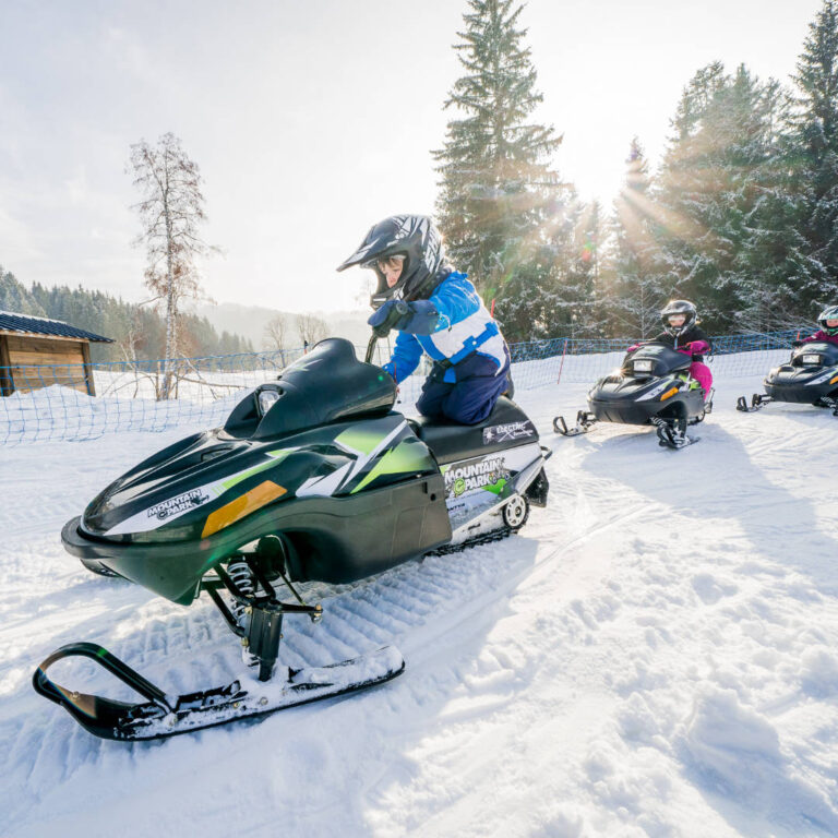 Kids riding snowmobiles in the snowy landscapes of Les Gets and Avoriaz.