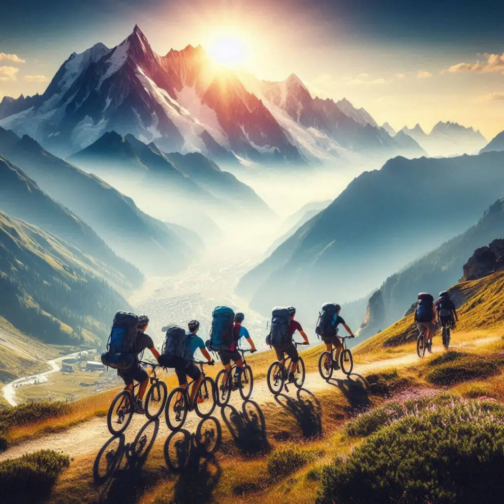 A group of cyclists traveling to Les Gets on bikes.
