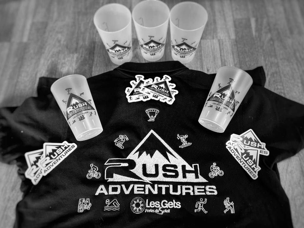 RushAdventures merchandise including t-shirts, mugs, hoodies, stickers
